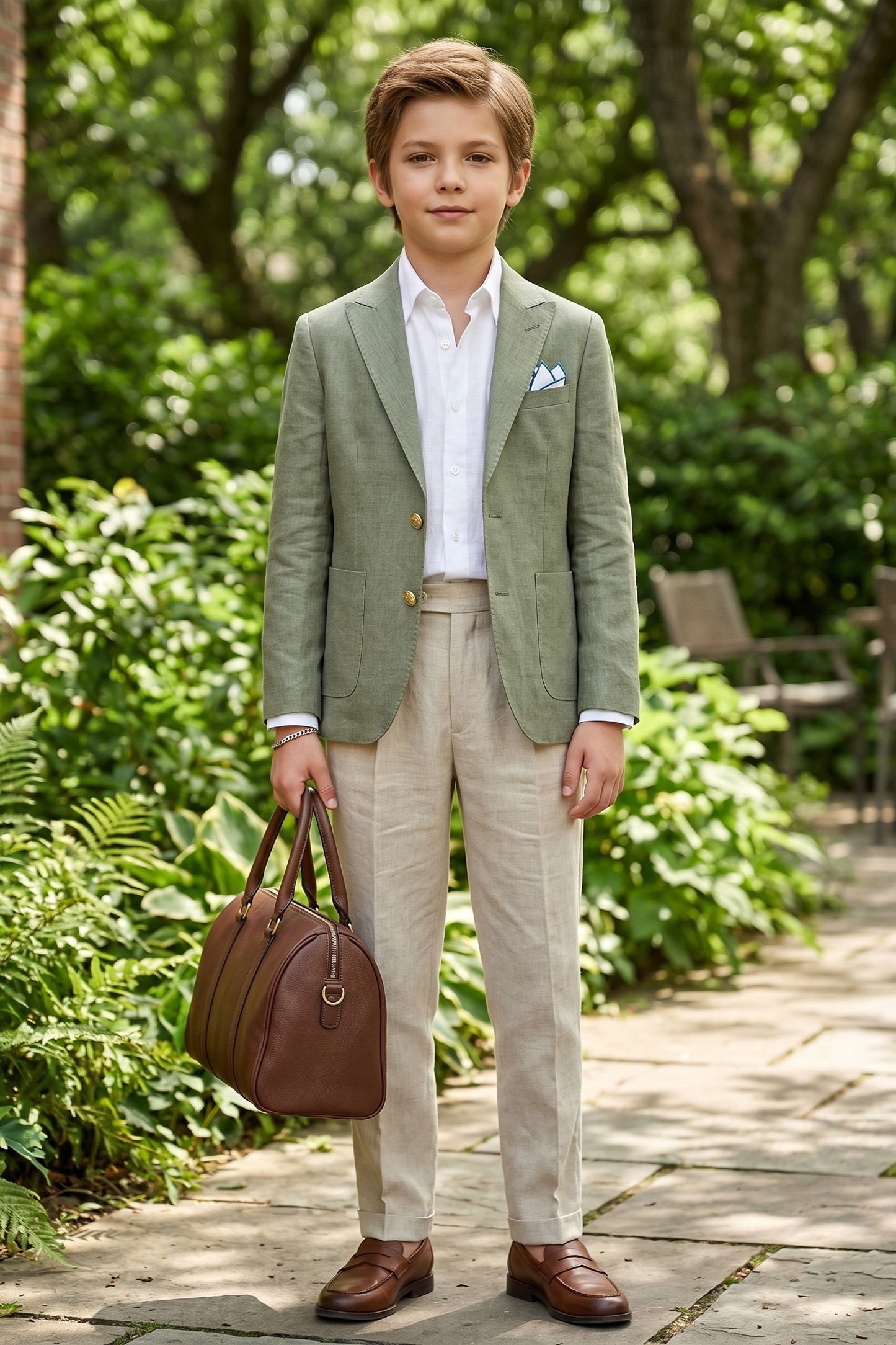 Green Cotton And Linen Single-Breasted 2-Piece Suit