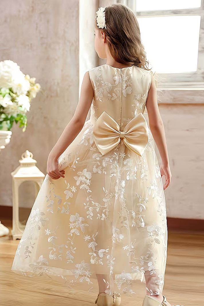 Apricot Satin Lace Embroidered Bow A-Line Dress