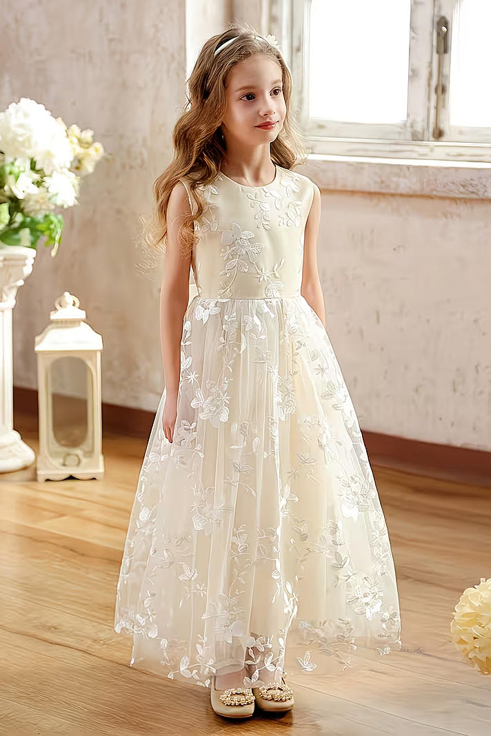 Apricot Satin Lace Embroidered Bow A-Line Dress