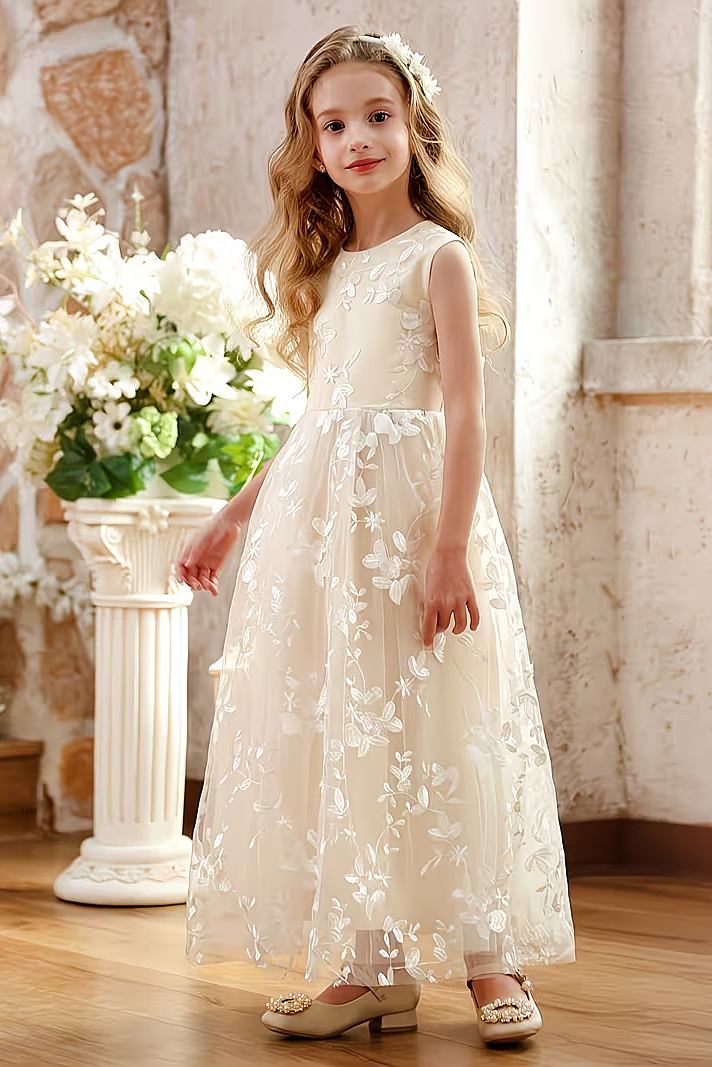Apricot Satin Lace Embroidered Bow A-Line Dress