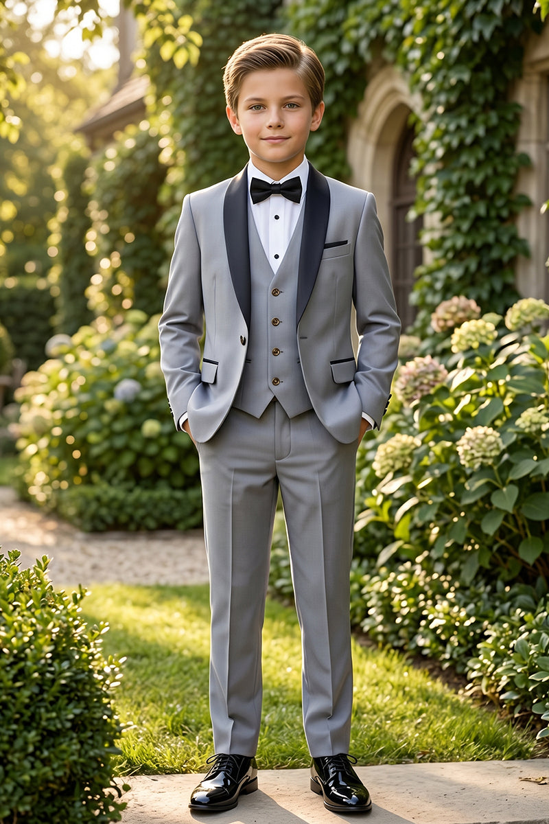 Boys Grey Tuxedo with Black Lapel 3-Piece Suit
