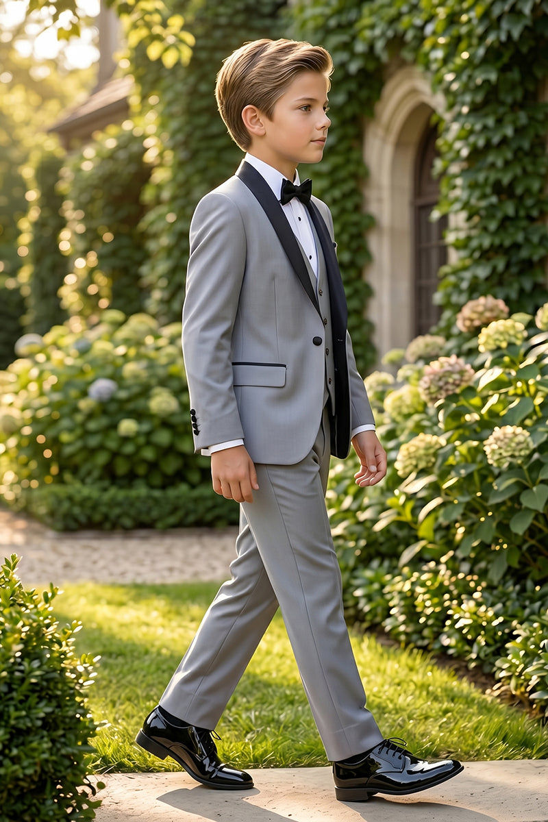 Boys Grey Tuxedo with Black Lapel 3-Piece Suit