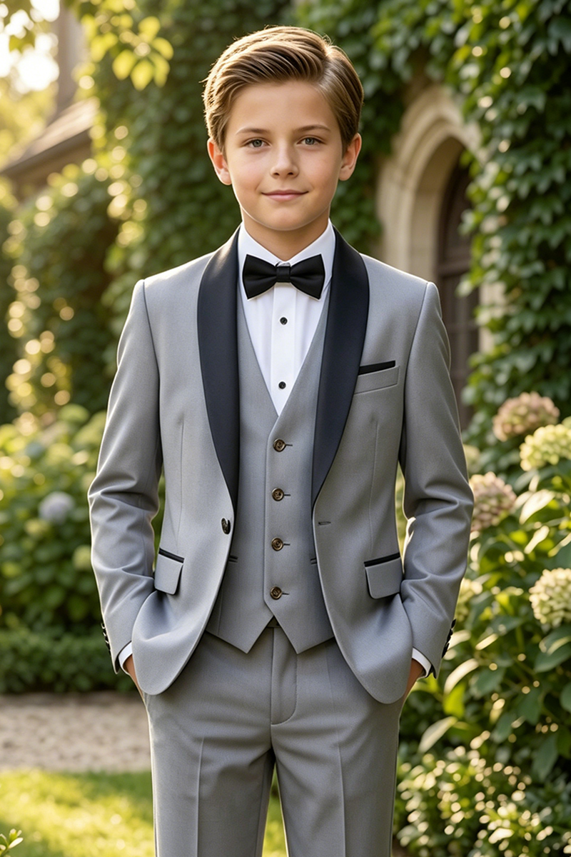 Boys Grey Tuxedo with Black Lapel 3-Piece Suit