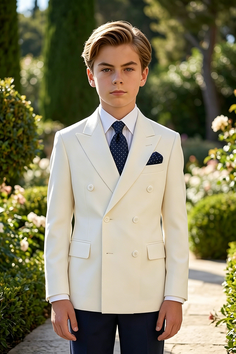 Boys Ivory Double-Breasted Blazer with Navy Trousers 2-piece Suit