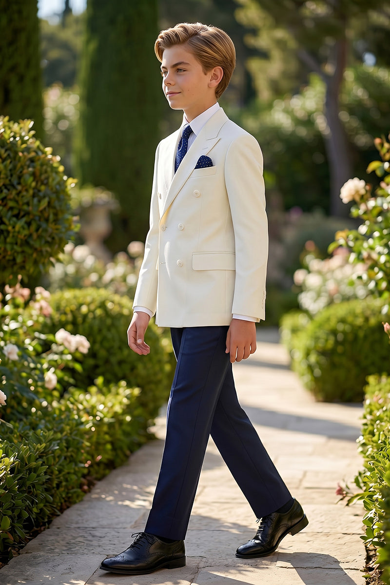 Boys Ivory Double-Breasted Blazer with Navy Trousers 2-piece Suit