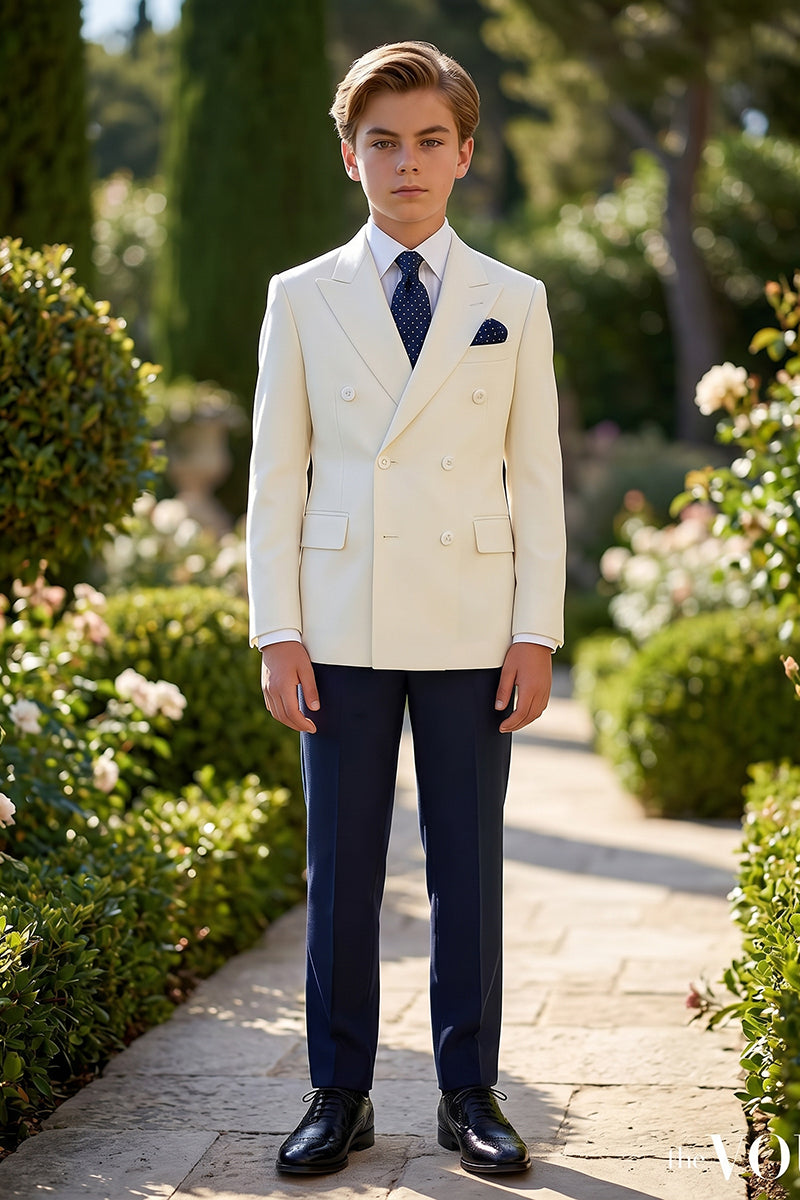 Boys Ivory Double-Breasted Blazer with Navy Trousers 2-piece Suit