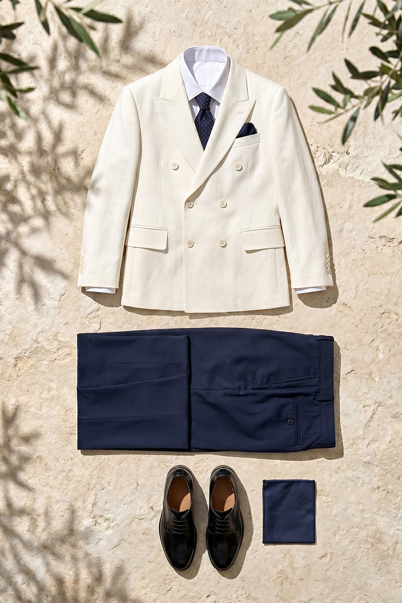 Boys Ivory Double-Breasted Blazer with Navy Trousers 2-piece Suit