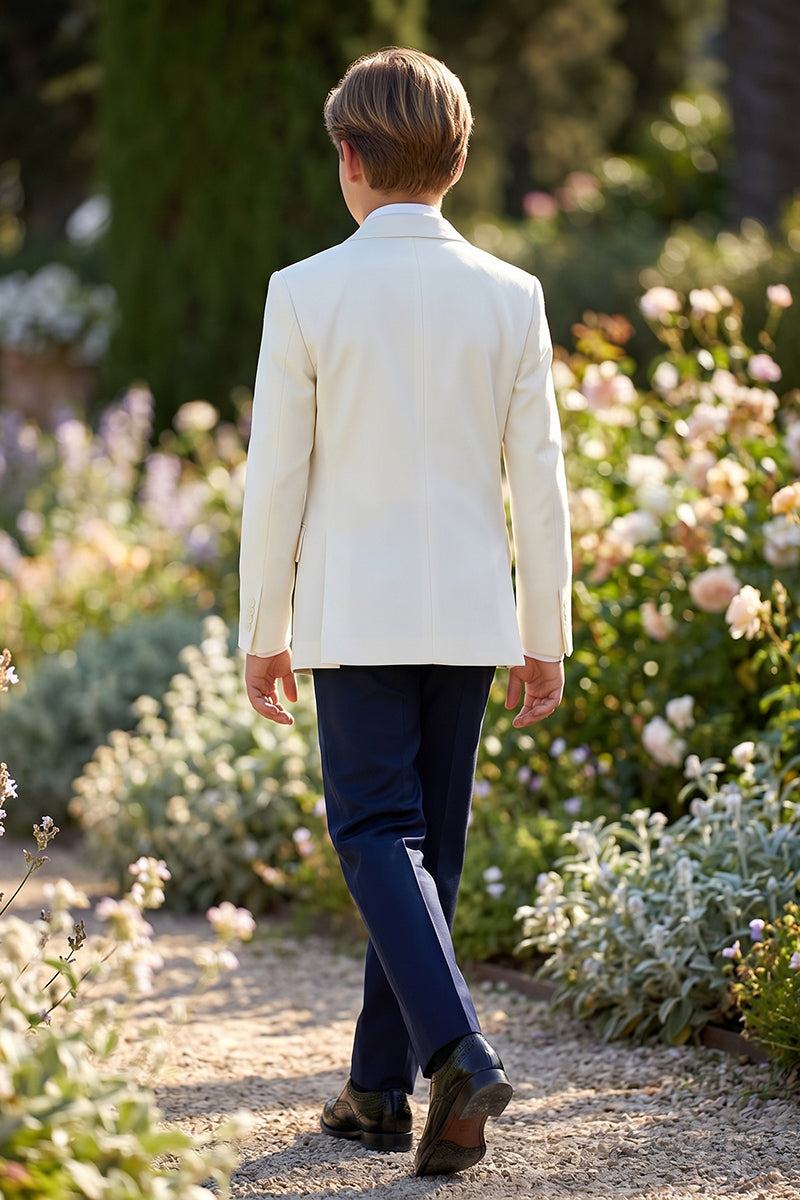 Boys Ivory Double-Breasted Blazer with Navy Trousers 2-piece Suit