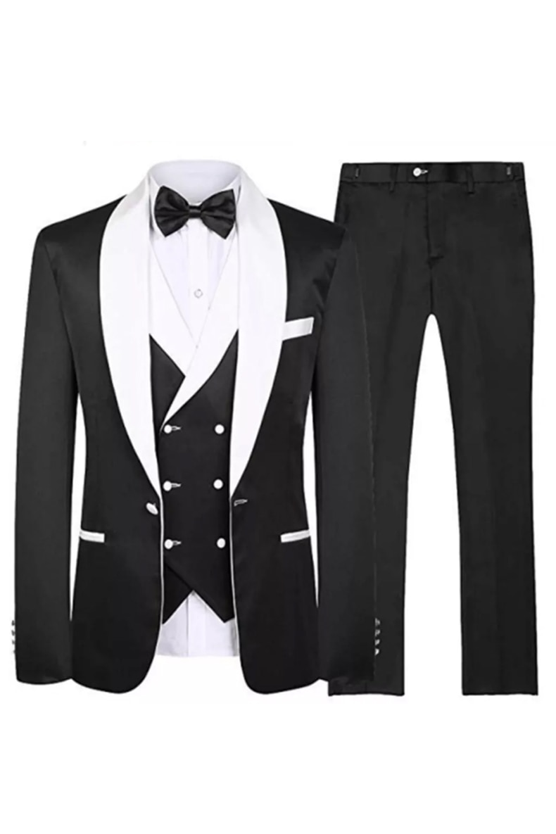 Black And White Shawl Collar Double-Breasted 3-Piece Suit