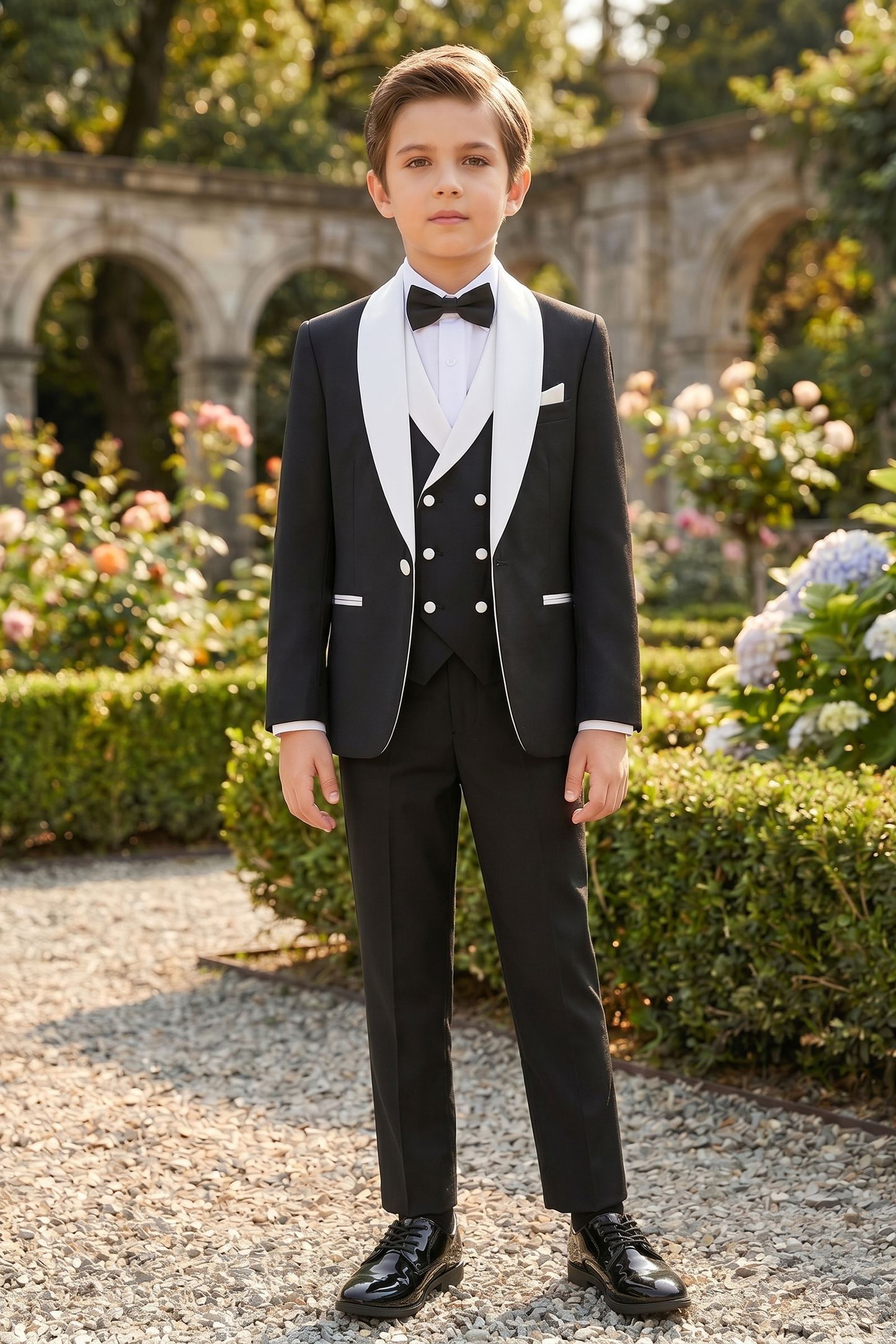 Black And White Shawl Collar Double-Breasted 3-Piece Suit