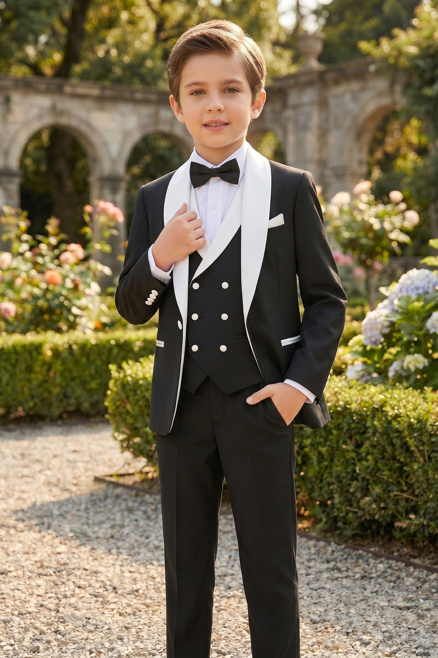 Black And White Shawl Collar Double-Breasted 3-Piece Suit