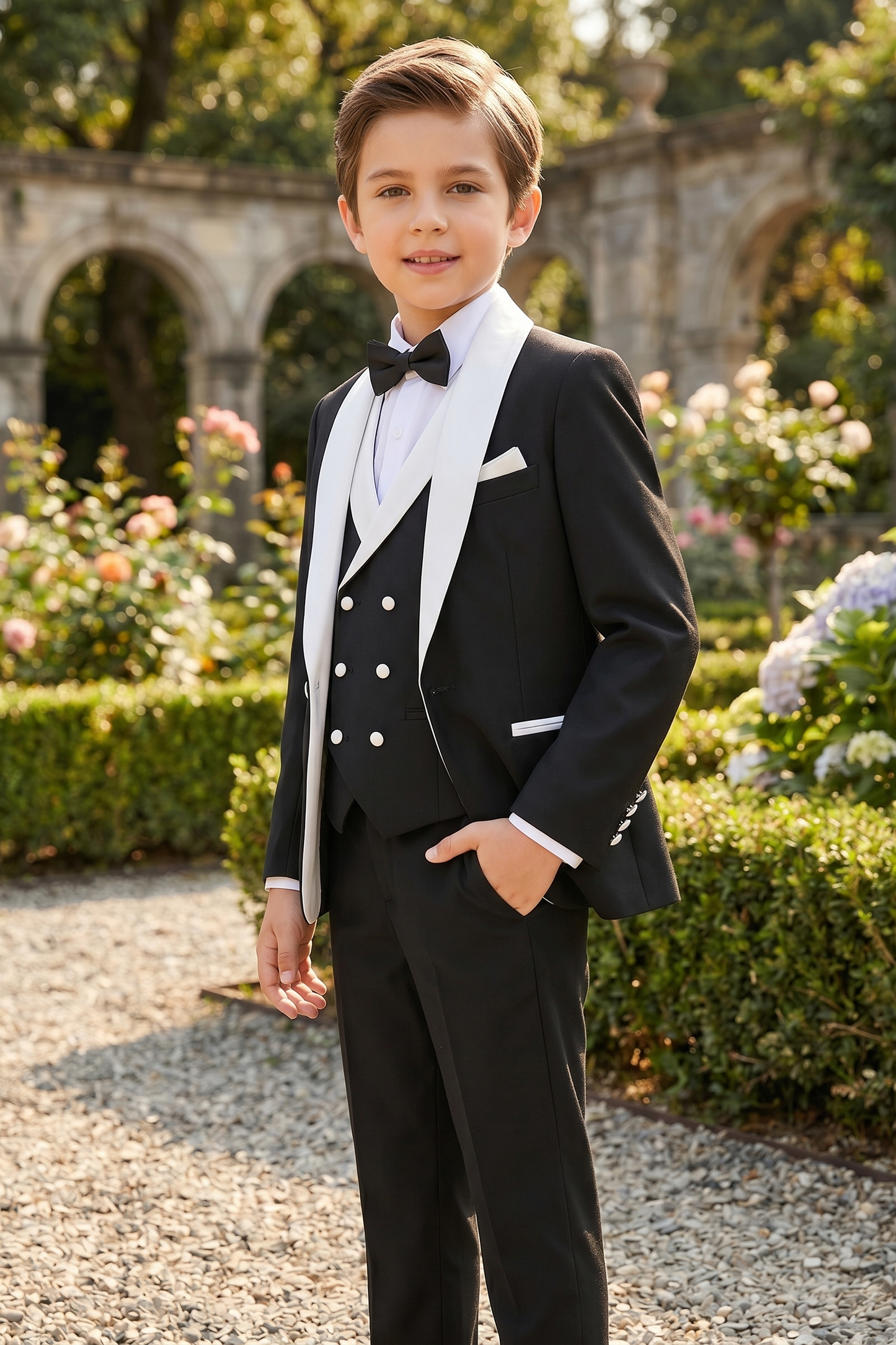 Black And White Shawl Collar Double-Breasted 3-Piece Suit