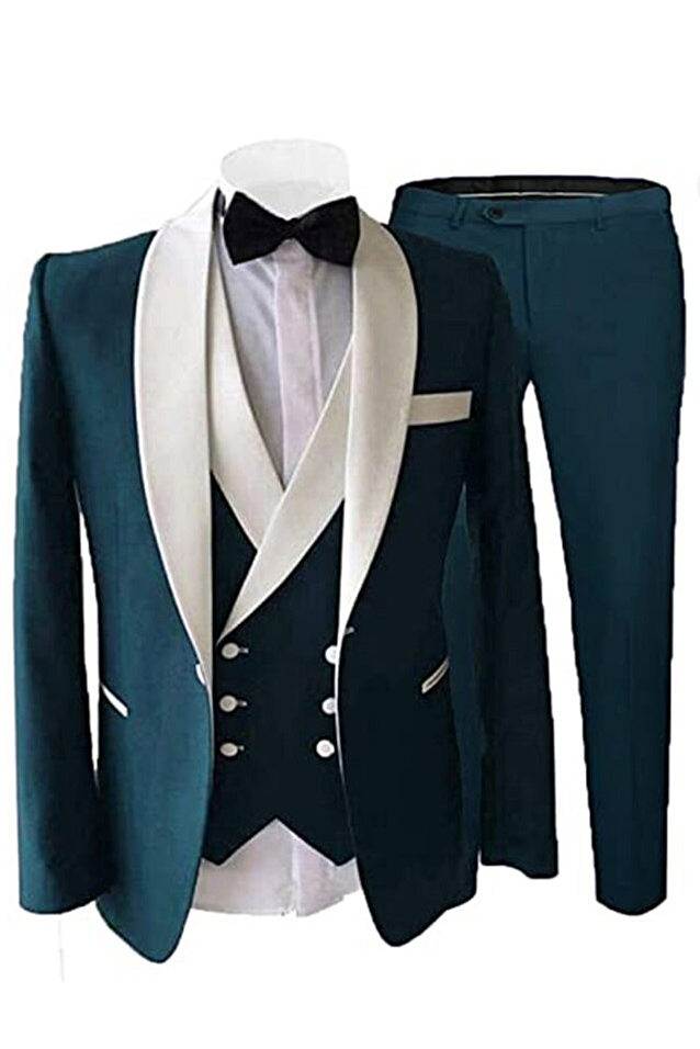 Deep Lake Blue And White Shawl Collar 3-Piece Suit