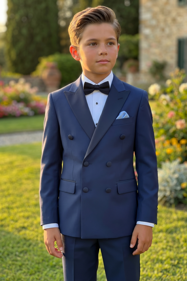 Navy Blue Blended Satin Double-Breasted 2-Piece Suit