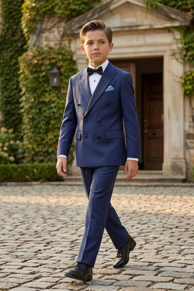 Navy Blue Blended Satin Double-Breasted 2-Piece Suit