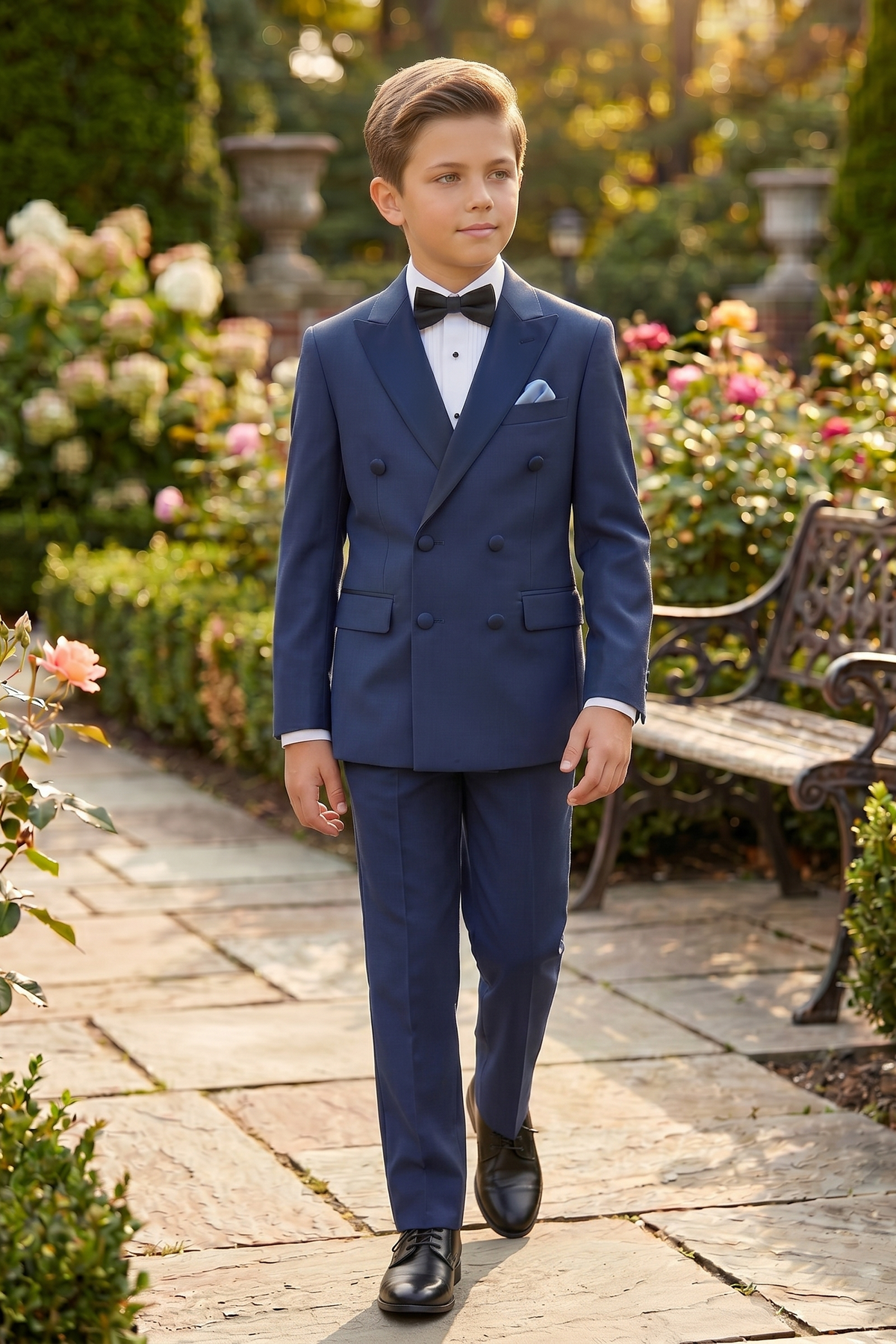 Navy Blue Blended Satin Double-Breasted 2-Piece Suit