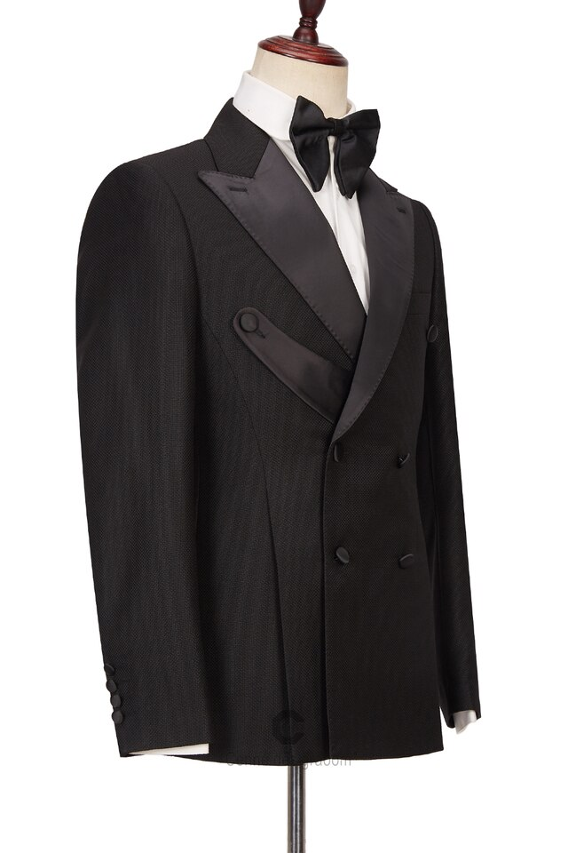 Black Blended Satin Double-Breasted 2-Piece Suit