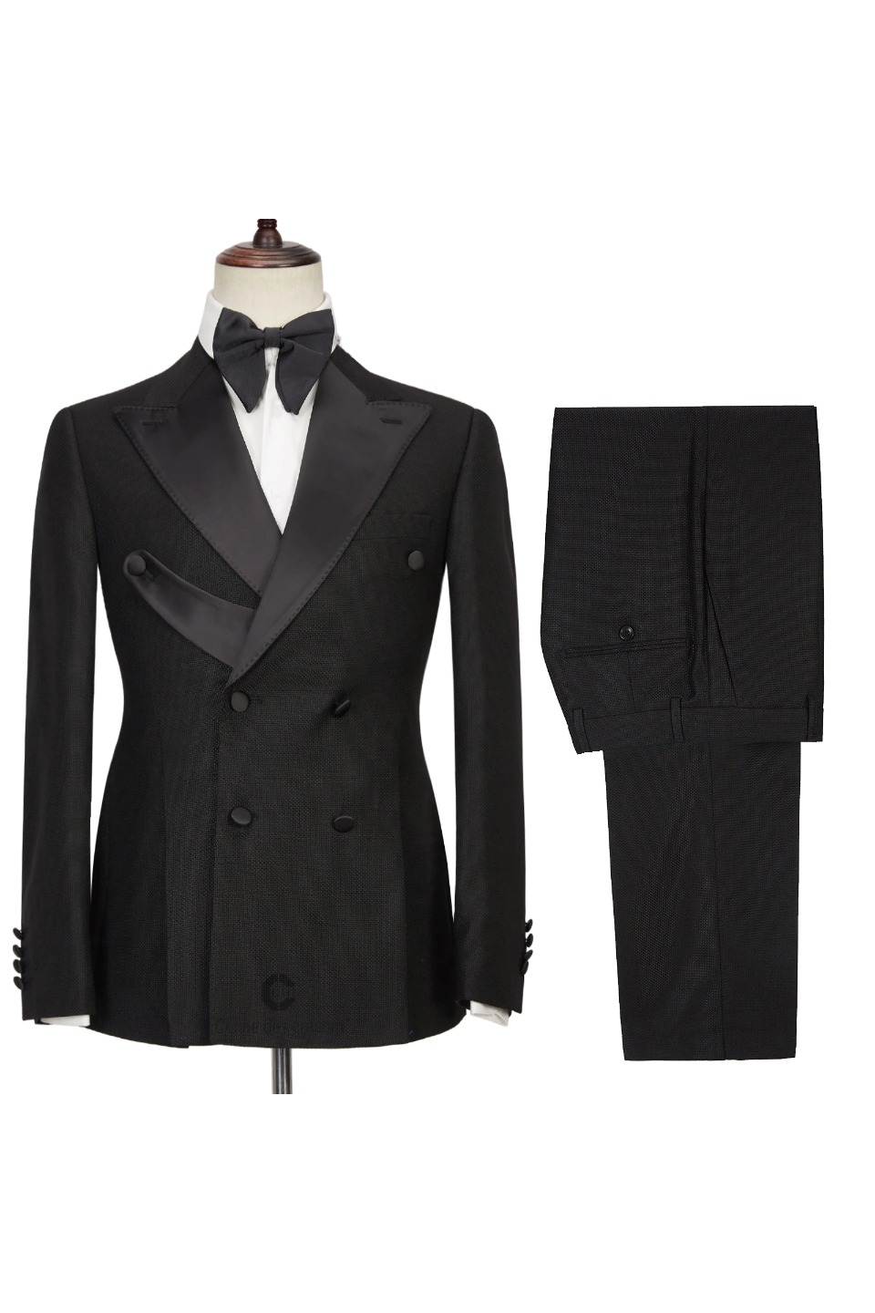 Black Blended Satin Double-Breasted 2-Piece Suit