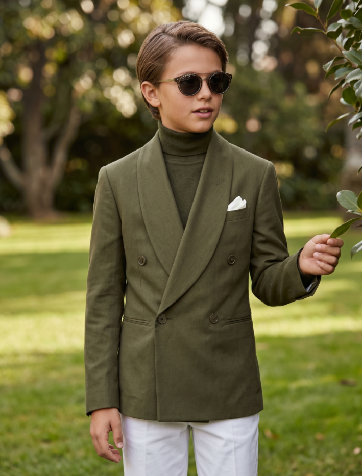 Olive Green Cotton And Linen Double-Breasted Suit Jacket