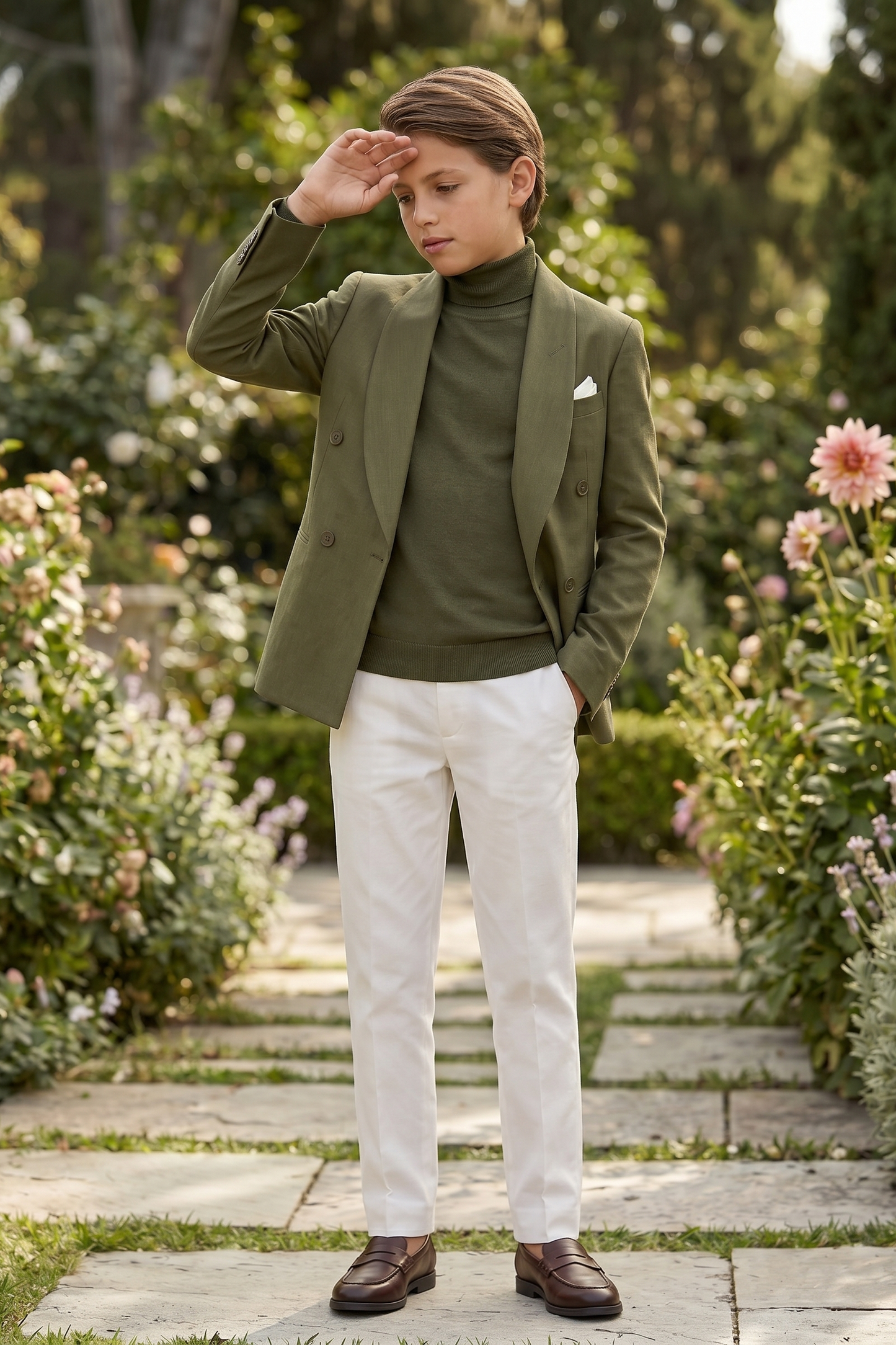 Olive Green Cotton And Linen Double-Breasted Suit Jacket