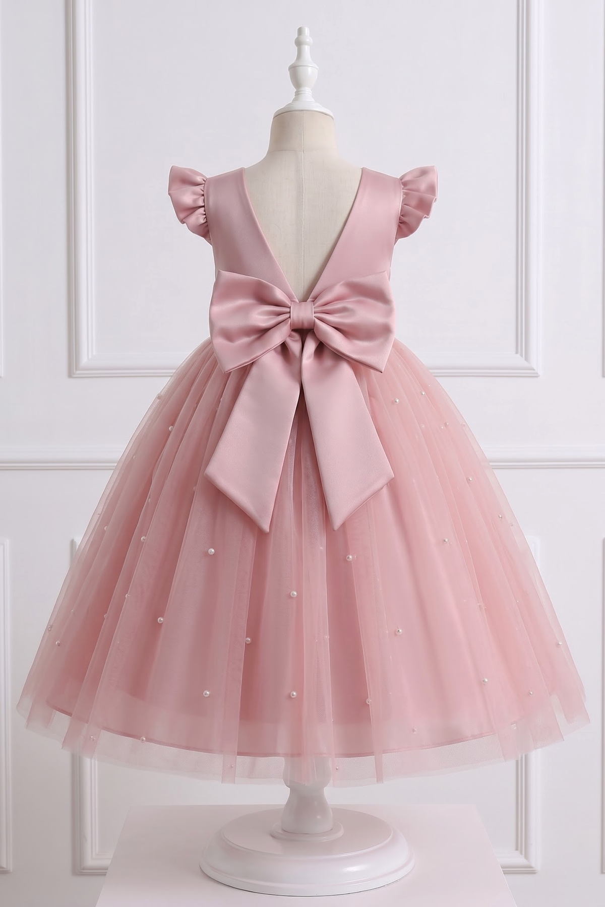 Pink Pearl Satin Mesh Bow A-Line Dress