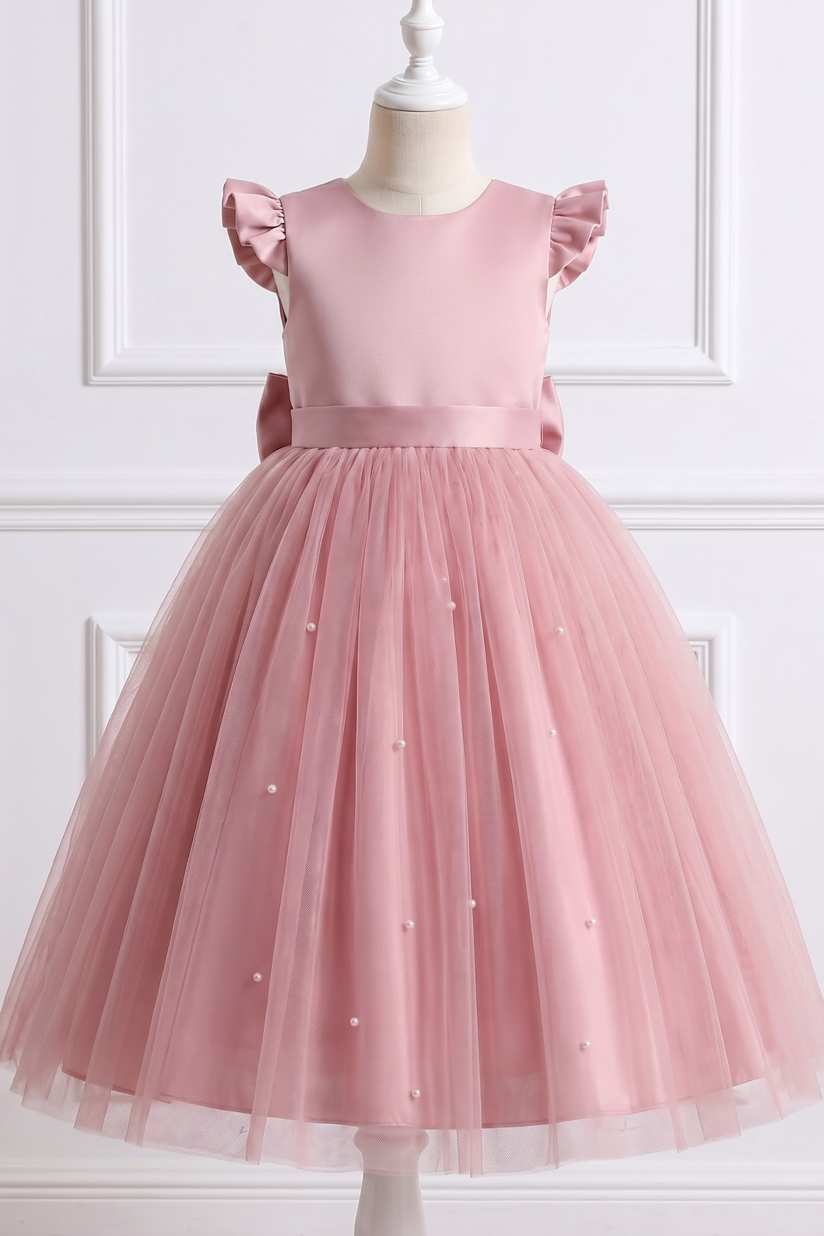 Pink Pearl Satin Mesh Bow A-Line Dress