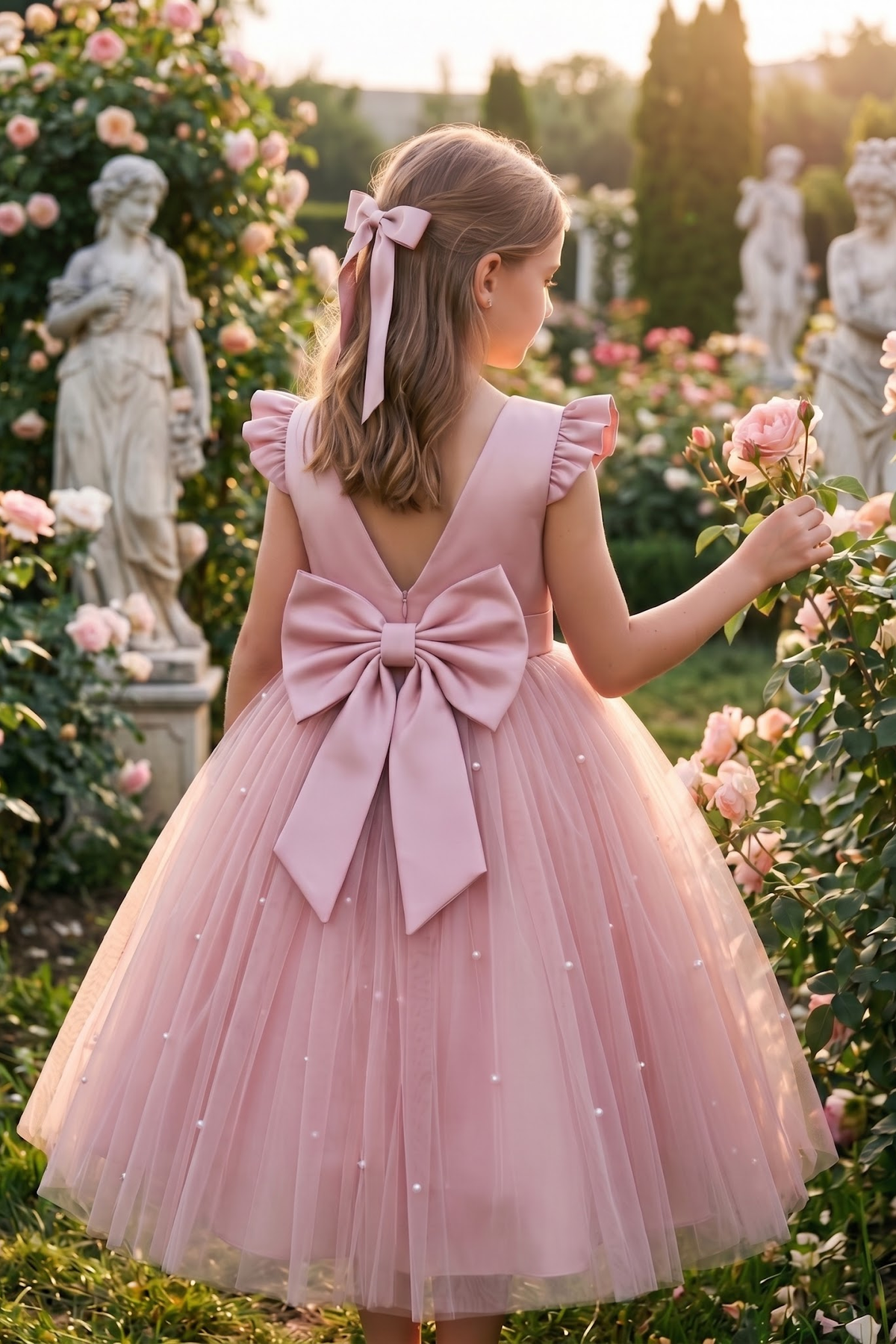 Pink Pearl Satin Mesh Bow A-Line Dress