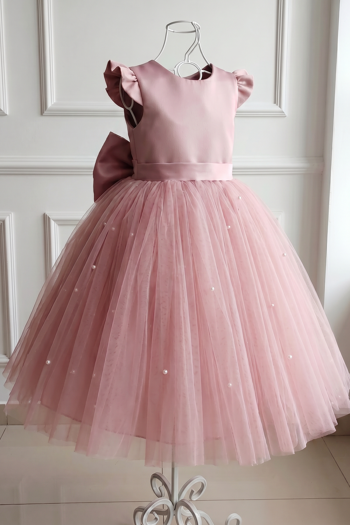 Pink Pearl Satin Mesh Bow A-Line Dress