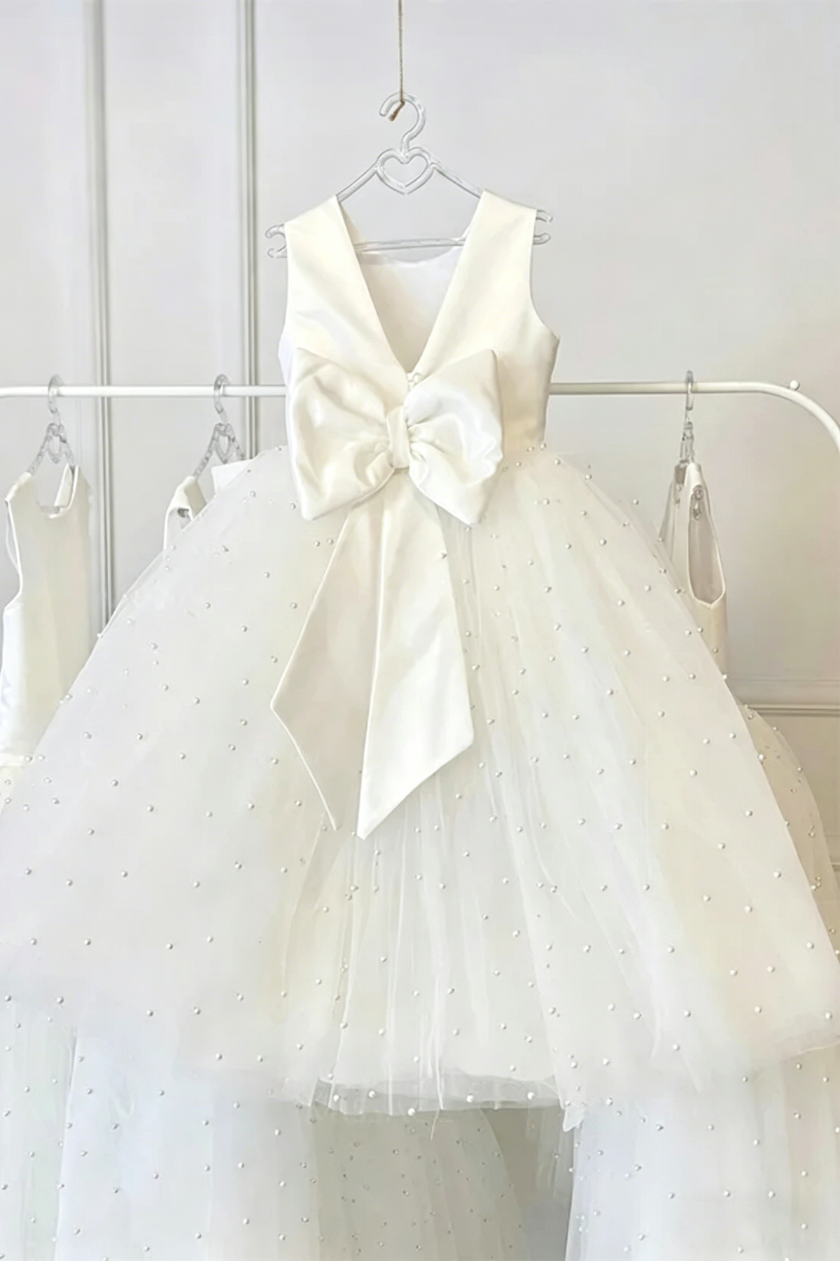 White Pearl Satin Mesh Bow A-Line Dress