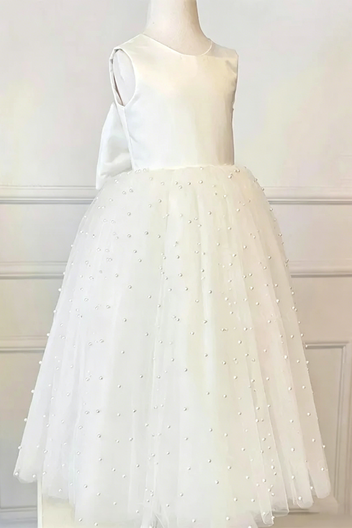 White Pearl Satin Mesh Bow A-Line Dress