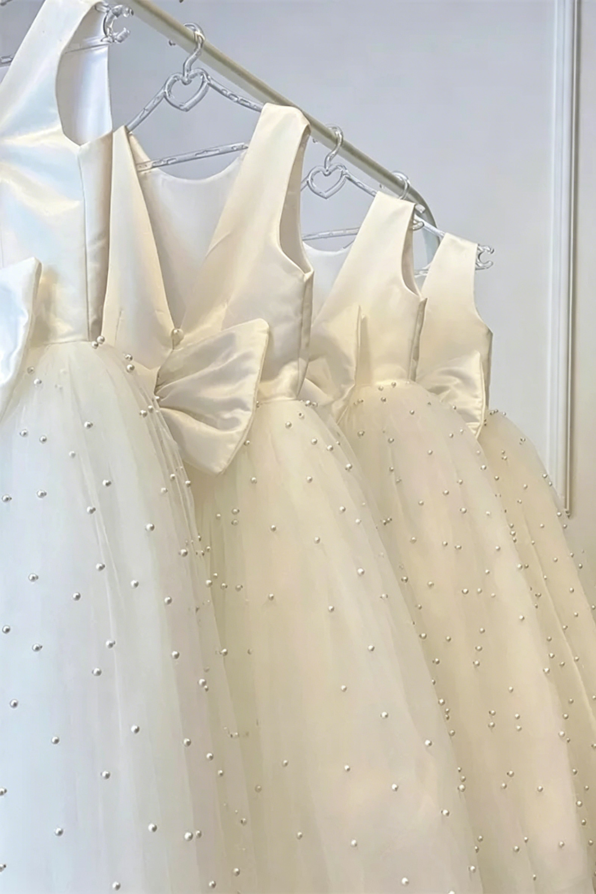 White Pearl Satin Mesh Bow A-Line Dress
