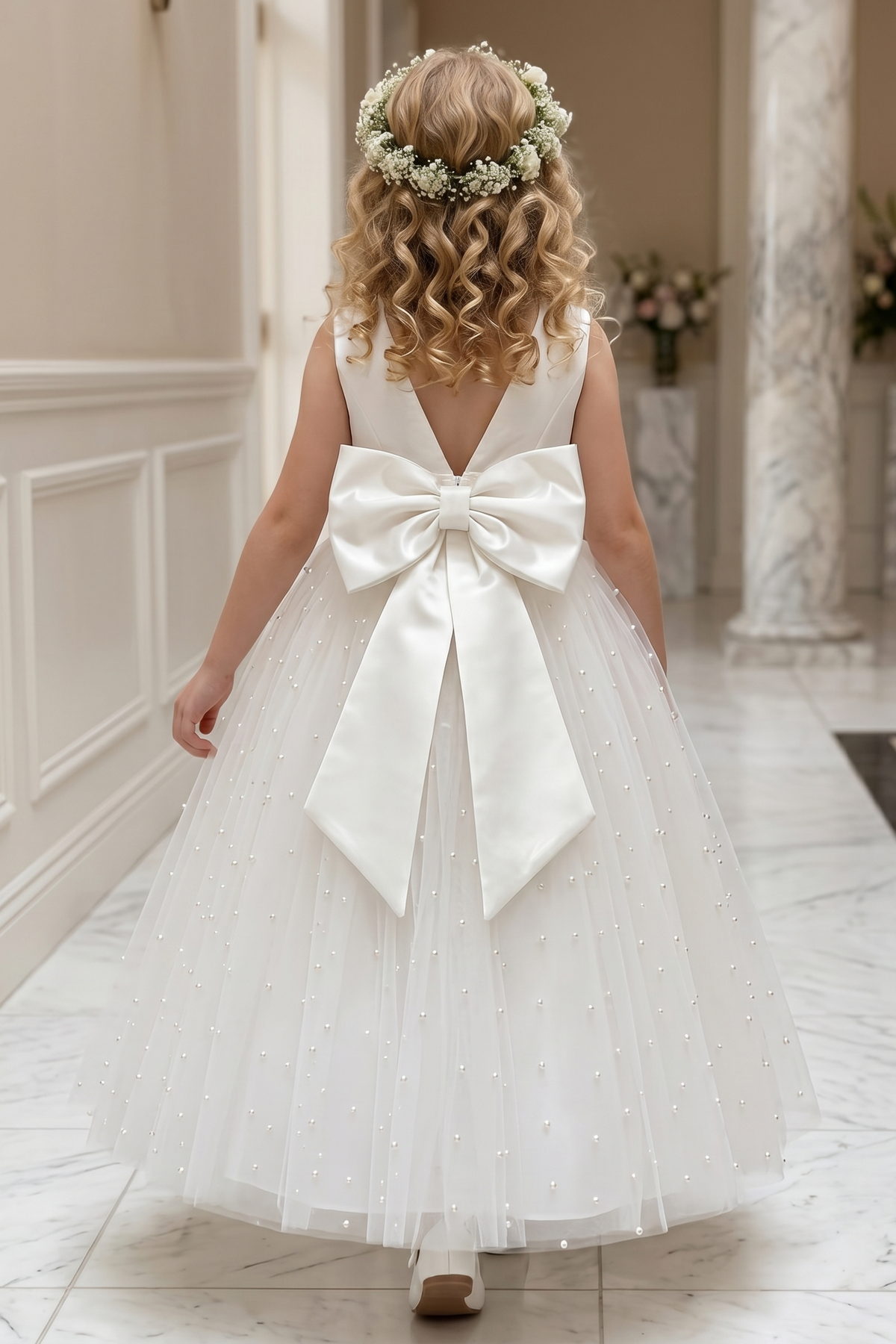 White Pearl Satin Mesh Bow A-Line Dress