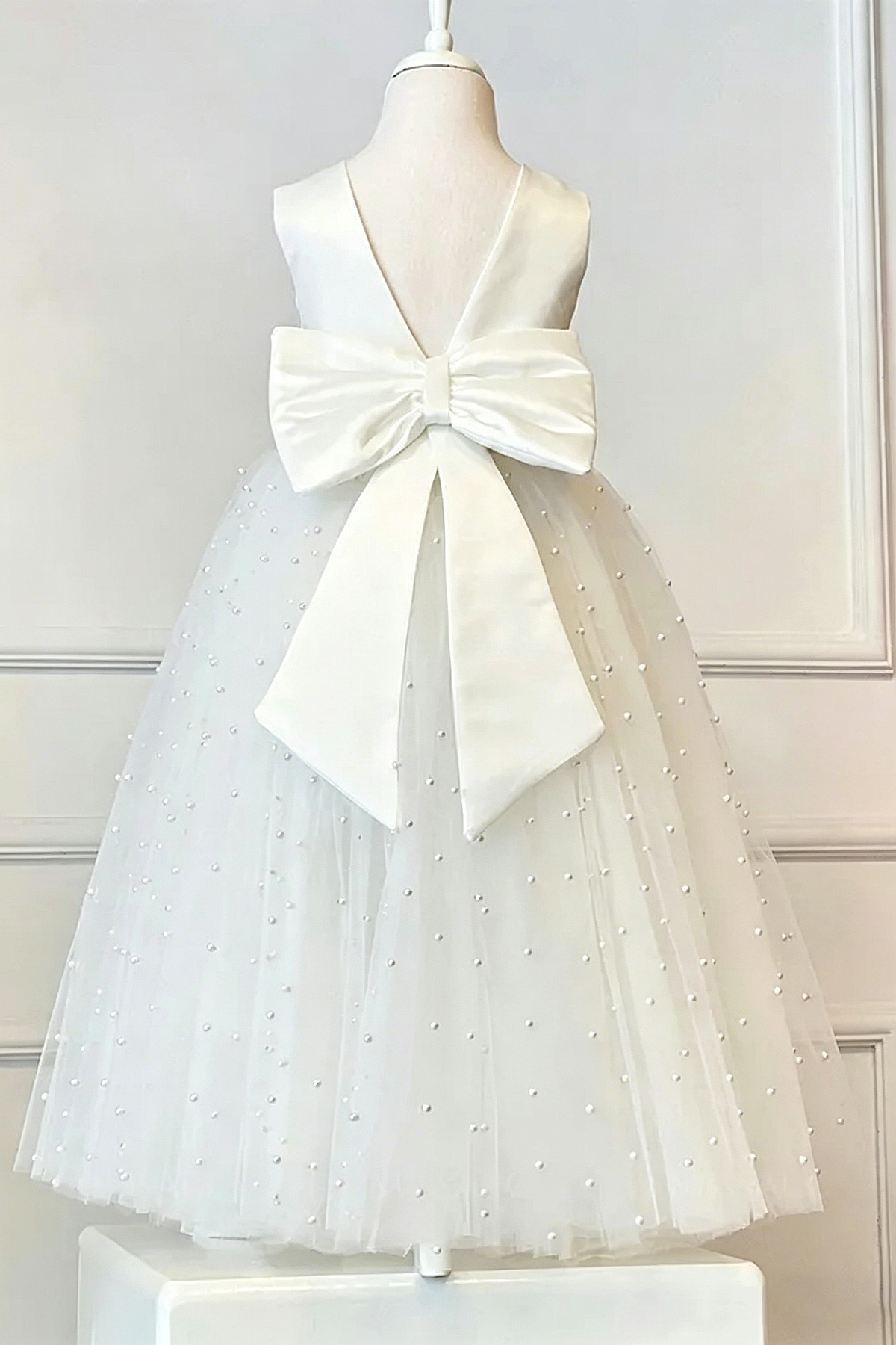 White Pearl Satin Mesh Bow A-Line Dress