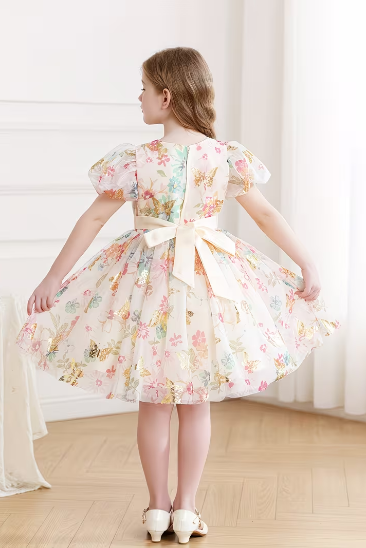 Apricot-Colored Mesh Printed Bow Puff Sleeve Dress