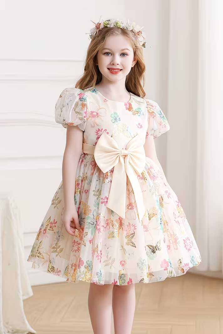 Apricot-Colored Mesh Printed Bow Puff Sleeve Dress