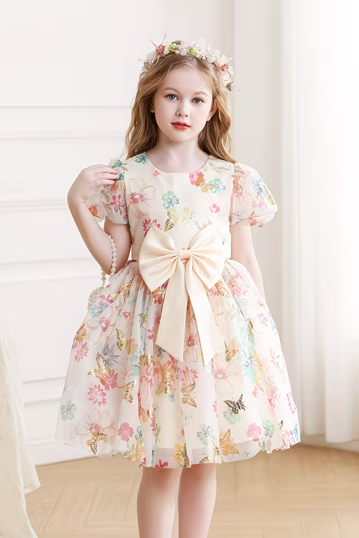 Apricot-Colored Mesh Printed Bow Puff Sleeve Dress