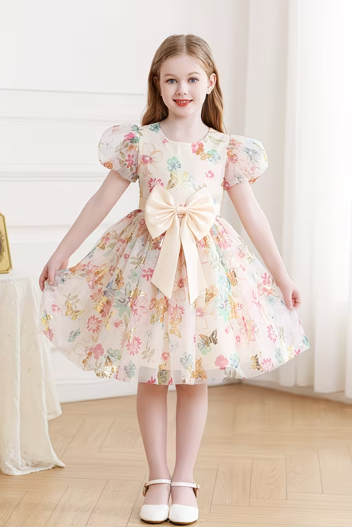 Apricot-Colored Mesh Printed Bow Puff Sleeve Dress