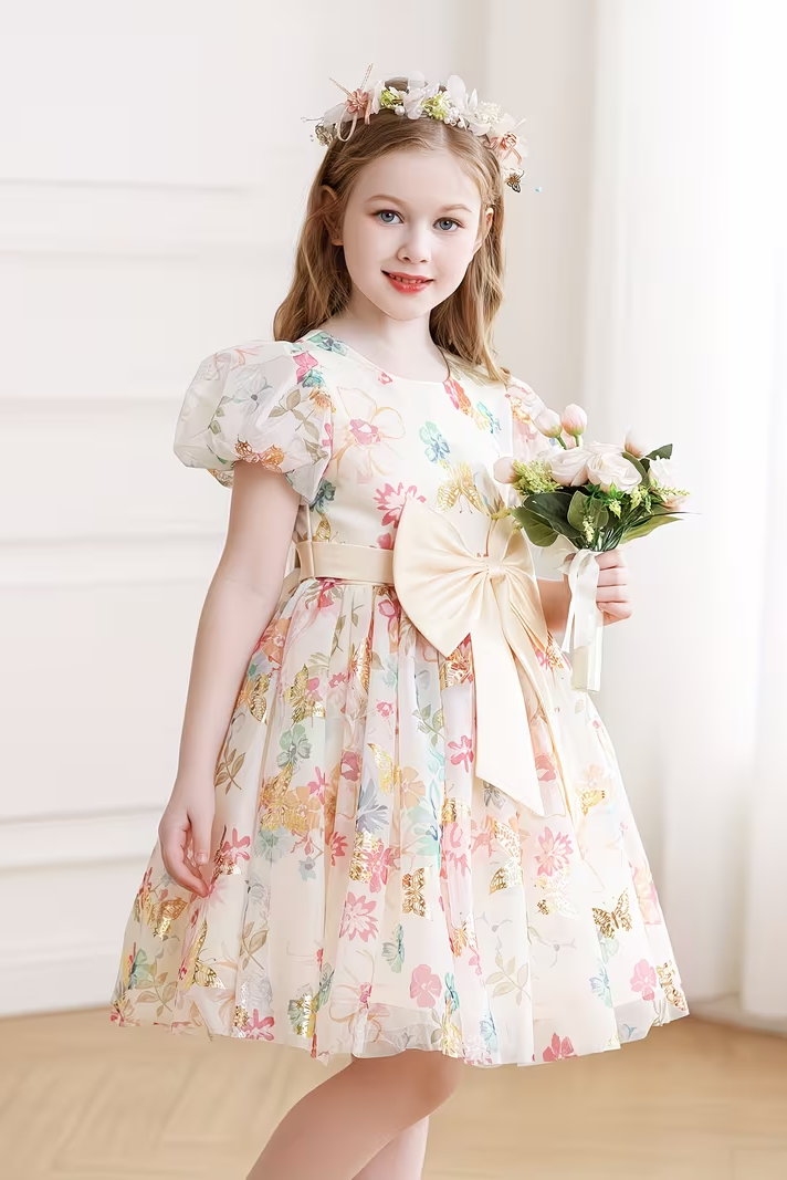 Apricot-Colored Mesh Printed Bow Puff Sleeve Dress