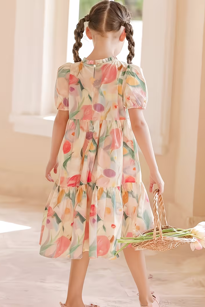 Pink Round Neck Printed Puff Sleeve Cake Dress