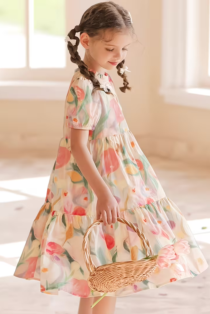 Pink Round Neck Printed Puff Sleeve Cake Dress