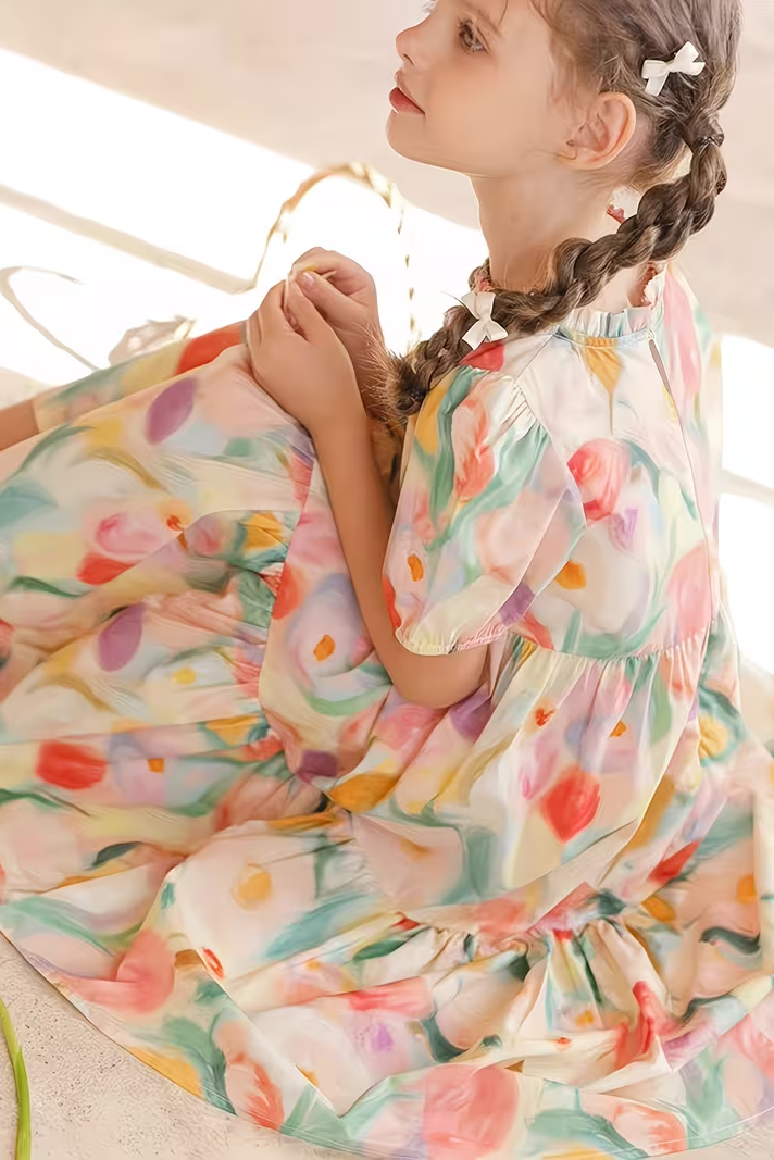 Pink Round Neck Printed Puff Sleeve Cake Dress