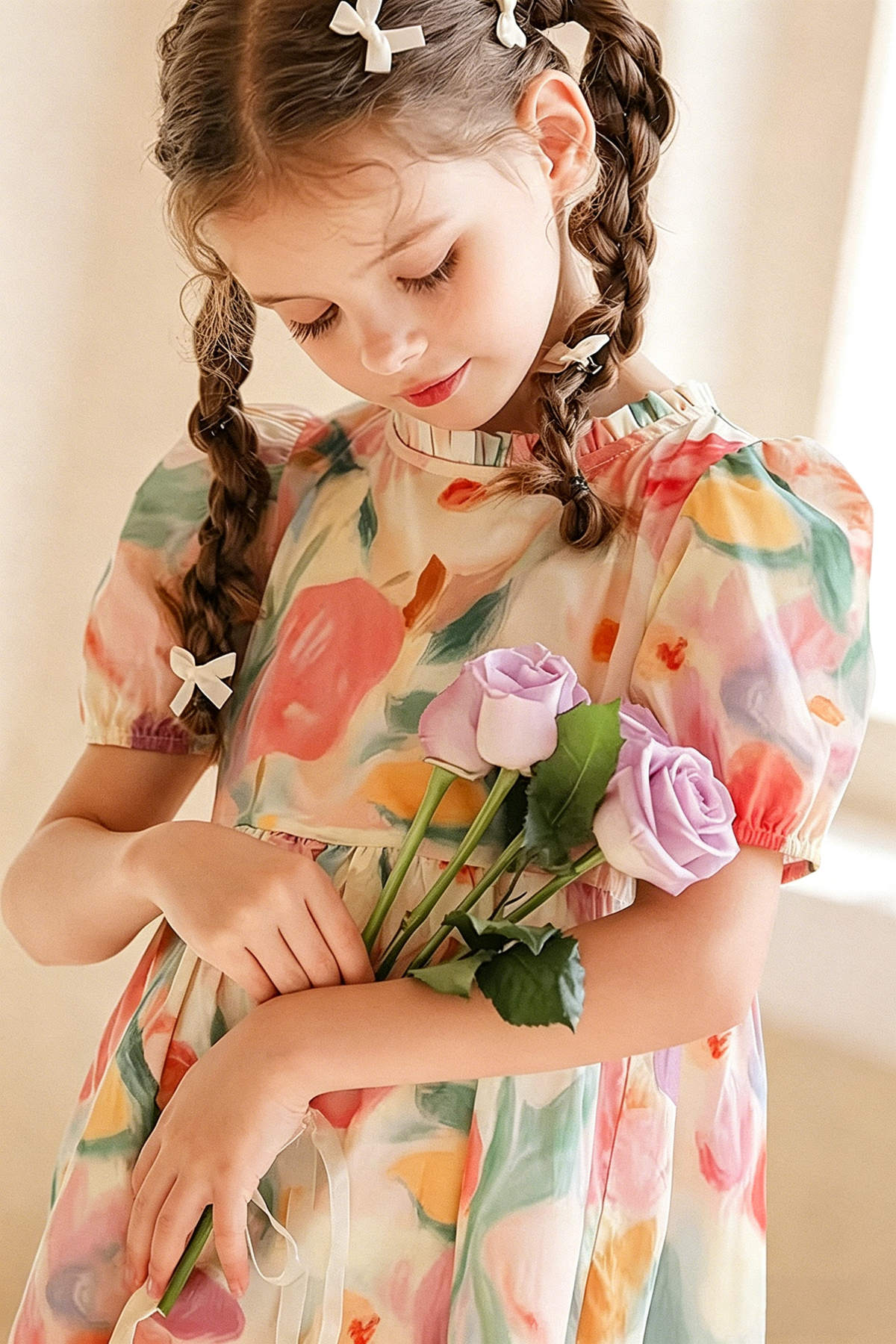 Pink Round Neck Printed Puff Sleeve Cake Dress