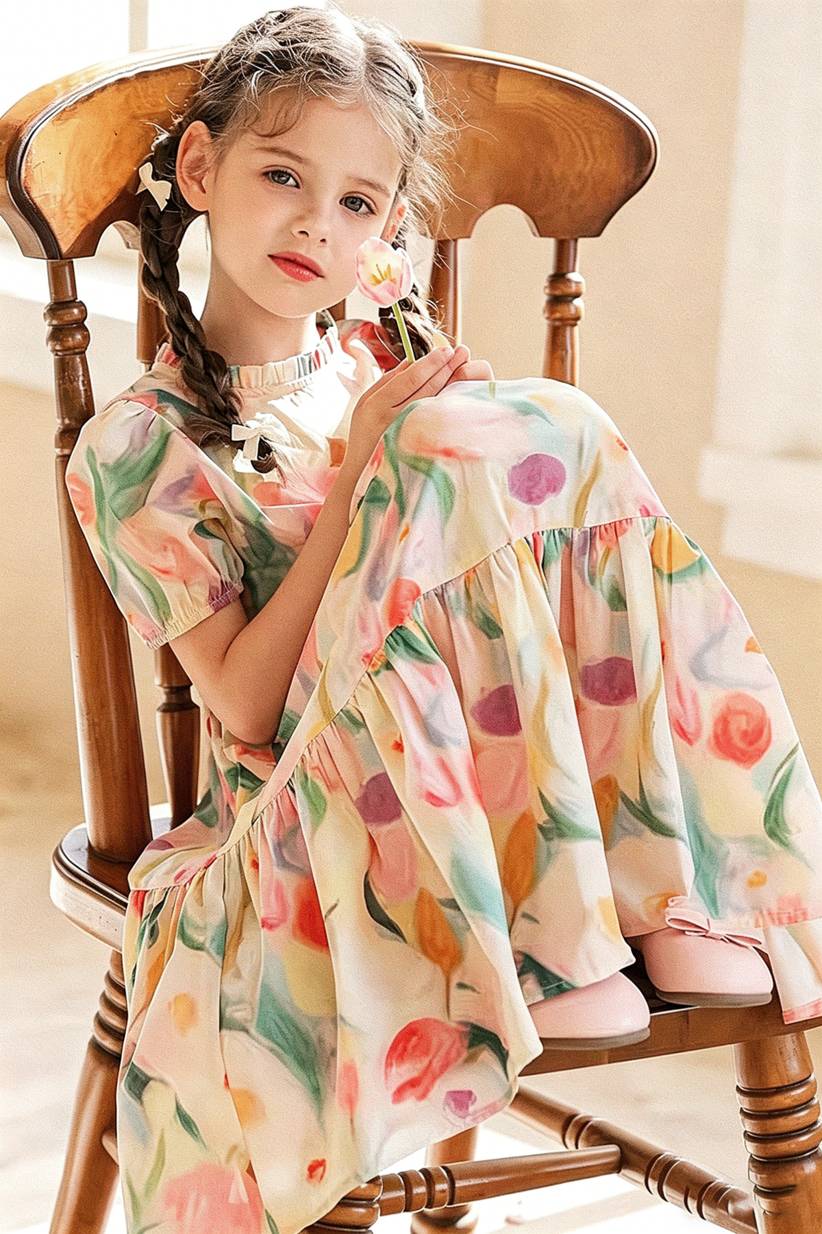 Pink Round Neck Printed Puff Sleeve Cake Dress