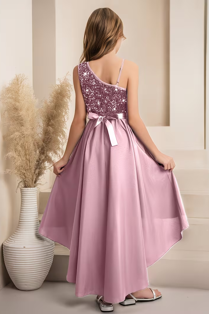Pink Sequined Satin Fitted A-Line Dress