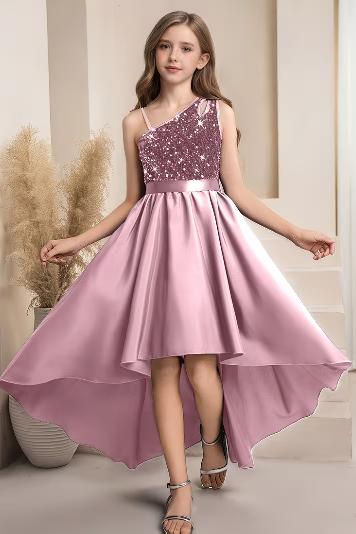 Pink Sequined Satin Fitted A-Line Dress