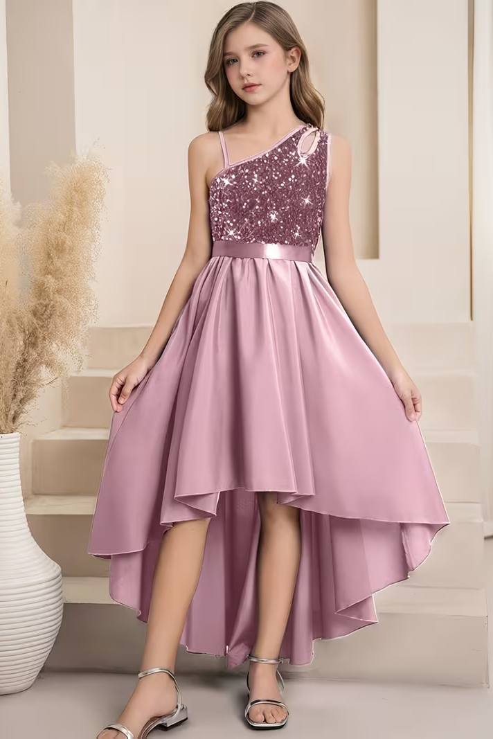Pink Sequined Satin Fitted A-Line Dress