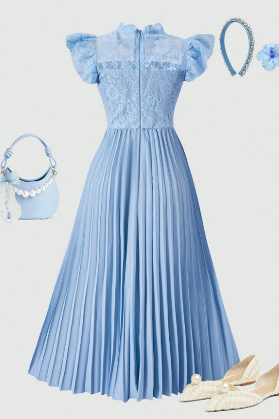 Blue Lace Chiffon Pleated A-Line Dress