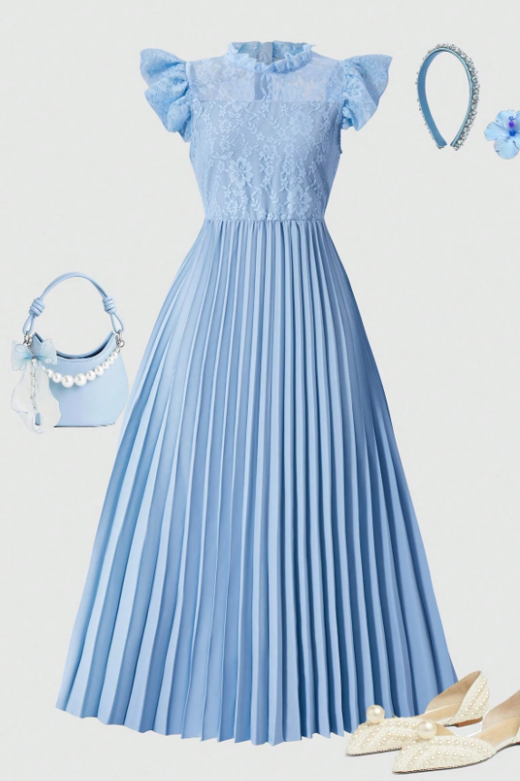 Blue Lace Chiffon Pleated A-Line Dress