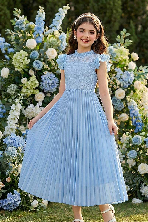 Blue Lace Chiffon Pleated A-Line Dress