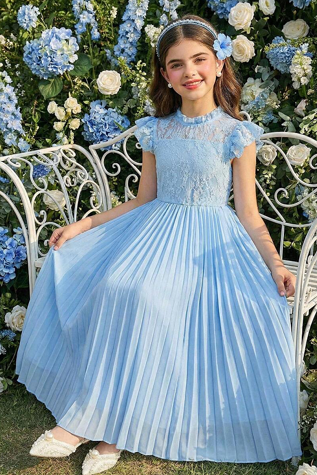 Blue Lace Chiffon Pleated A-Line Dress